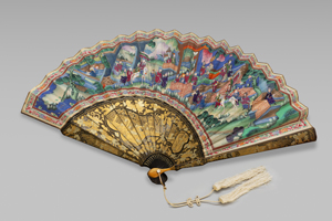 Lot 6395, Auction  127, Fächer, Faltfächer mit höfischen Figuren in Palästen und Gärten (recto) und Blumen mit Schmetterlingen (verso)
