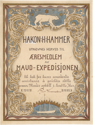 Lot 6470, Auction  127, Amundsen, Roald, Roald Amundsen: Maud-Expedition in die Arktis: Ehrenurkunde für Hakon H. Hammer