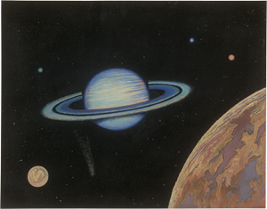 Lot 6480, Auction  127, Kranz, Wilhelm, Idealansicht des Saturn mit seinen fünf Monden Titan, Iapetus, Rhea, Thetys und Dione sowie ein Komet