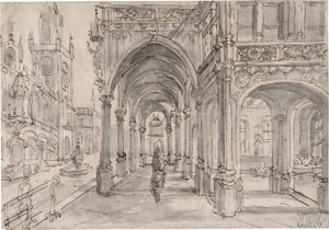 Lot 6532, Auction  127, Vredeman de Vries, Hans - zugeschrieben, Blick in den Säulengang eines Renaissancepalastes, links ein repräsentatives Gebäude mit Turm