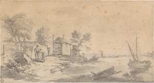 Lot 6535, Auction  127, Goyen, Jan Josefsz. van - Umkreis, Holländische Flusslandschaft mit einem Bauerngehöft und Fischerbooten