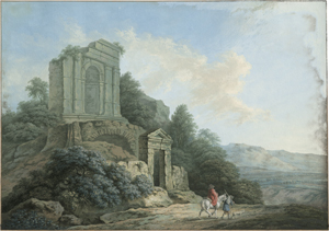 Lot 6570, Auction  127, Deutsch, um 1790. Römische Campagna: Edelmann zu Pferde mit seinem Begleiter vor Ruinen.