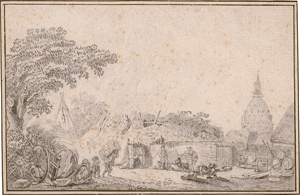 Lot 6575, Auction  127, Französisch, 18, Jh. Blick über ein verfallenes Gehöft auf die Kuppel des Invalidendoms in Paris