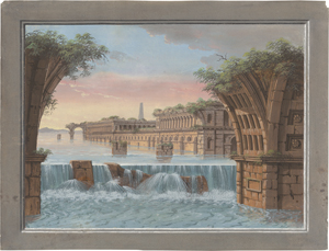 Lot 6651, Auction  127, Italienisch, 19. Jh. Ruinencapriccio mit Wasserfall