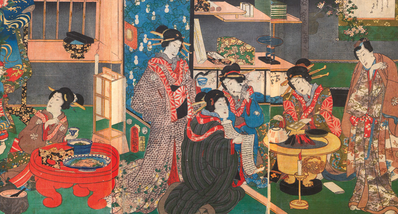 Lot 639, Auction  127, Kunisada, Utagawa, Genji-Saga. Szenendarstellung aus dem Epos. Triptychon aus drei Ukiyo-e-Farbholzschnitten