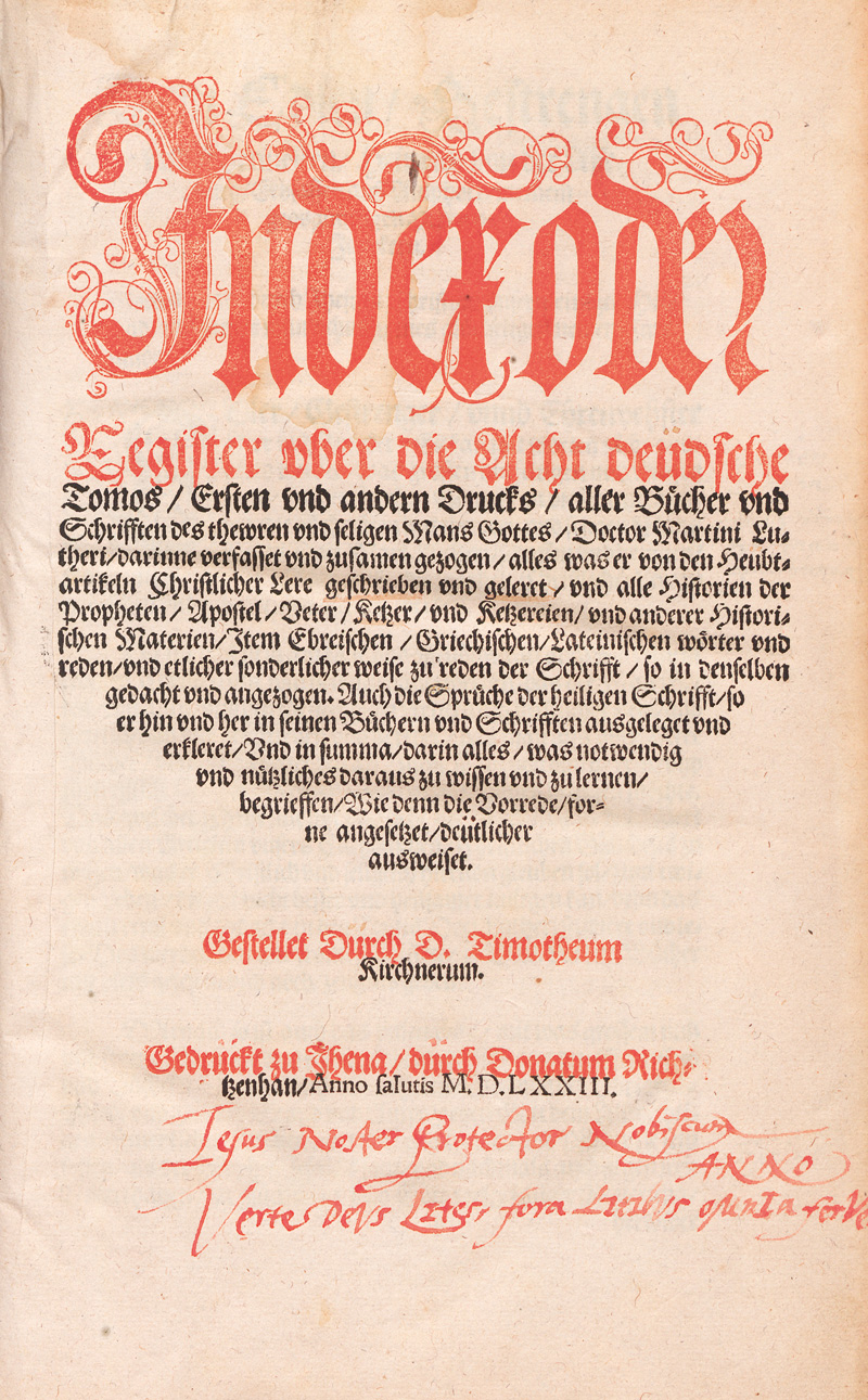 Lot 1158, Auction  127, Kirchner, Timotheus und Luther, Martin, Jndex oder Register uber die acht deudsche Tomos
