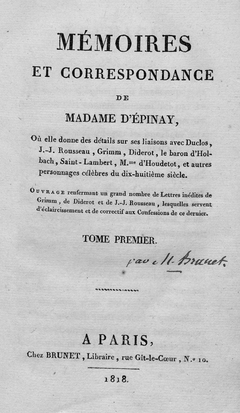 Lot 2031, Auction  127, Epinay, Louise Florence Pétronille Tardieu d'Esclavelles d', Mémoires et correspondance