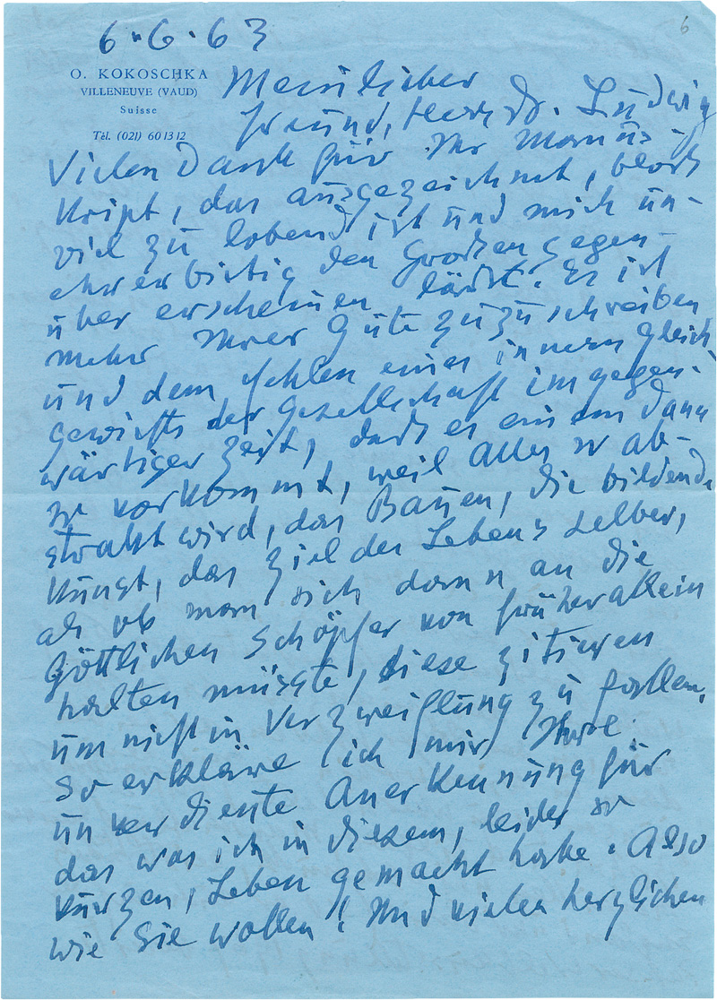 Lot 2610, Auction  127, Kokoschka, Oskar, Brief an Ludwig Goldscheider über sich und Egon Schiele. 1963