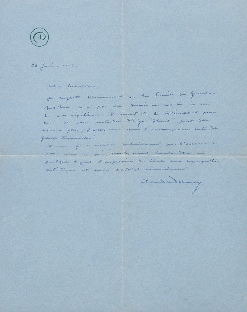 Lot 2625, Auction  127, Debussy, Claude, Brief an einen Musiker. 1913