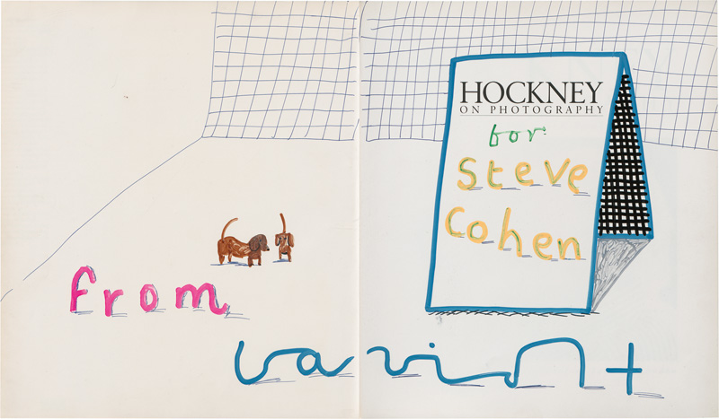 Lot 3147, Auction  127, Hockney, David, Hockney on Photography. Widmungsexemplar mit doppelseitiger farbiger Zeichnung