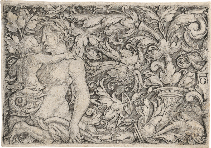 Lot 5163, Auction  127, Aldegrever, Heinrich, Ornamentaler Entwurf mit Tritonin und Kind