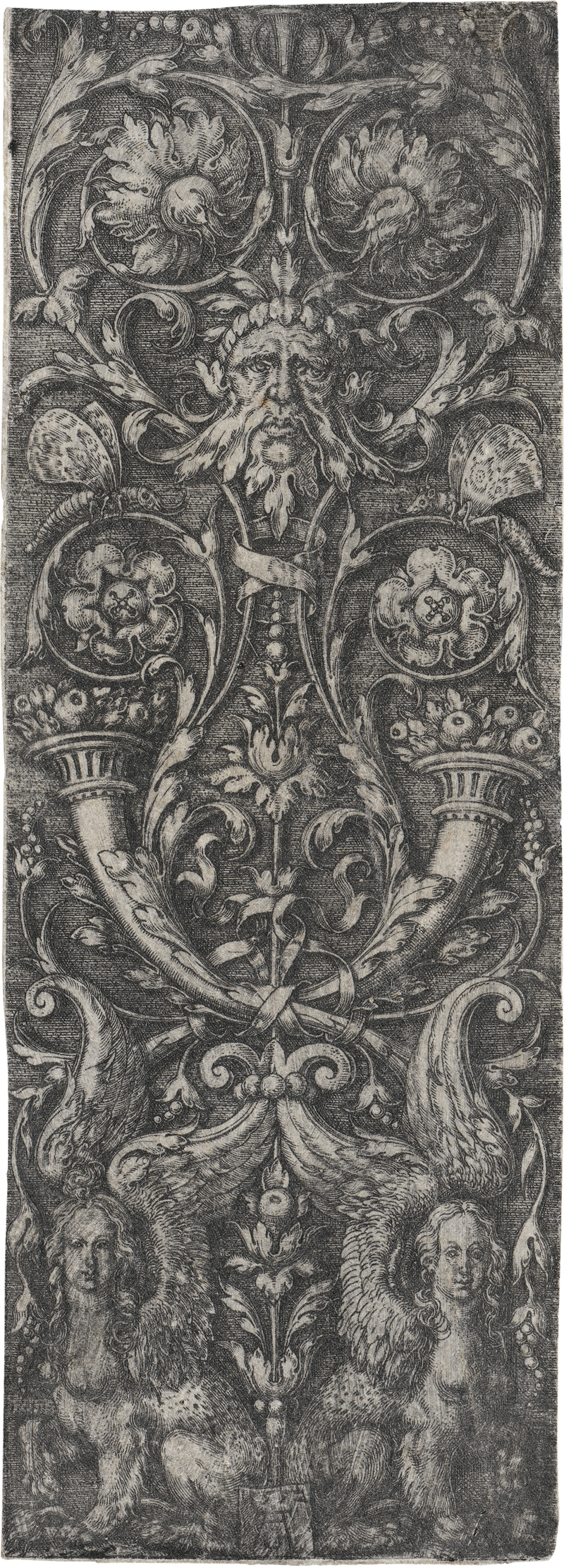 Lot 5165, Auction  127, Aldegrever, Heinrich, Ornamentaler Entwurf mit Makse, zwei Cornucopiae mit Frücjten ud zwei Sphinxen