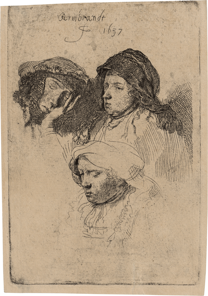 Lot 5625, Auction  127, Rembrandt Harmensz. van Rijn, Drei Frauenköpfe, die eine Frau schlafend