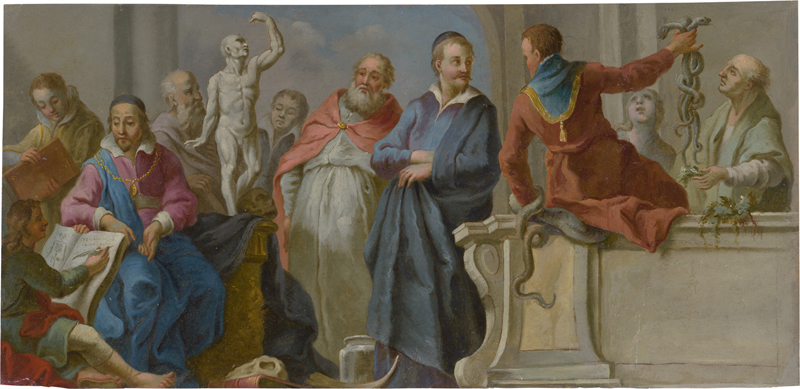 Lot 6039, Auction  127, Gran, Daniel - Werkstatt, "De Medicina, Anatomia, Chyrurgia, Botanica, et Cognitione Vegetabilium": Allegorie der Medizin und Anatomie.