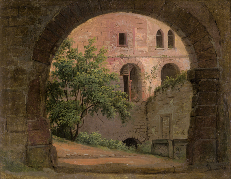 Lot 6061, Auction  127, Deutsch, um 1840. Blick durch einen Torbogen auf eine Schlossruine (Heidelberger Schloss?)