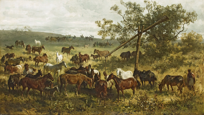 Lot 6103, Auction  127, Adam, Franz, Puszta Landschaft mit Pferden an der Tränke