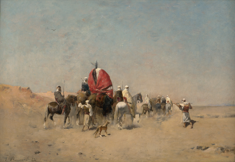 Lot 6334, Auction  127, Regnault de Maulmain, Émile, Die Heimführung der Braut: Eine kleine Karawane in der Wüste mit Kamel und Howdah
