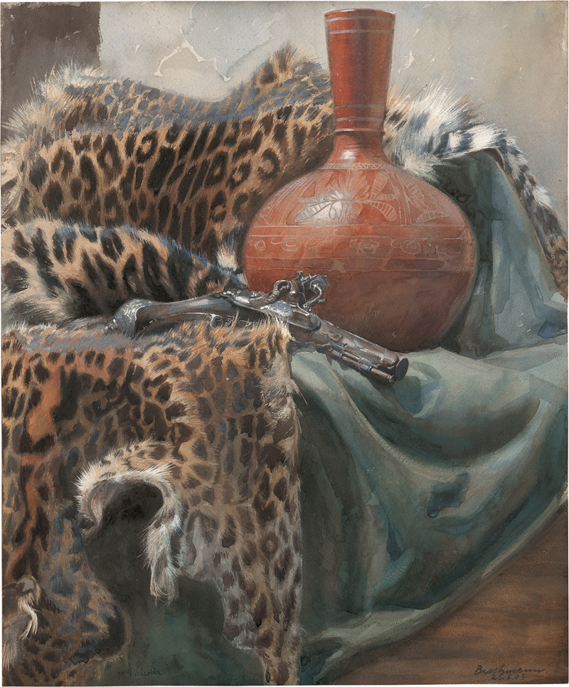 Lot 6356, Auction  127, Deutsch, um 1900. Stillleben mit Vase und Steinschlosspistole auf Leopardenfell