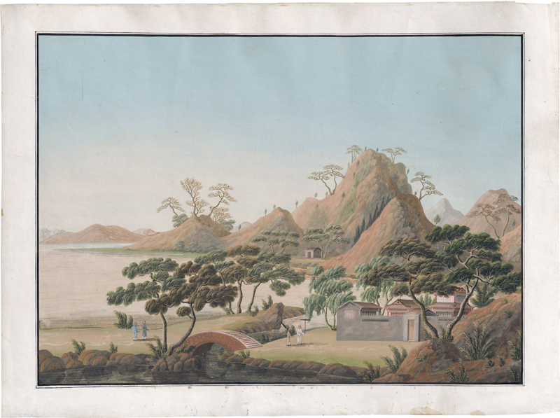 Lot 6413, Auction  127, Chinesisch, um 1800. Landschaft mit Tempel und Garten an einem Fluss
