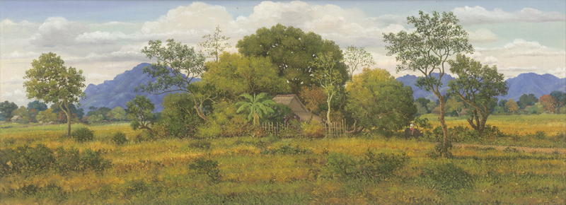 Lot 6435, Auction  127, Acasio, Lino, Philippinische Landschaft mit Hütte und Büffelreiter