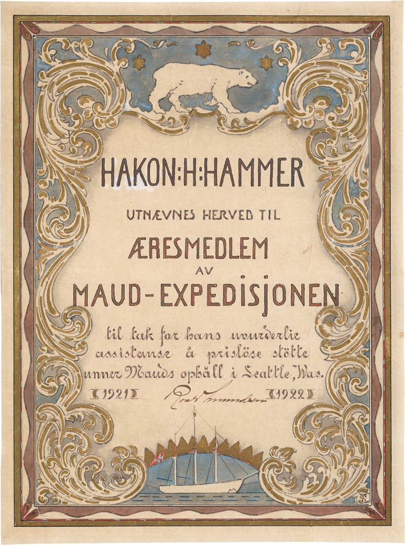 Lot 6470, Auction  127, Amundsen, Roald, Roald Amundsen: Maud-Expedition in die Arktis: Ehrenurkunde für Hakon H. Hammer