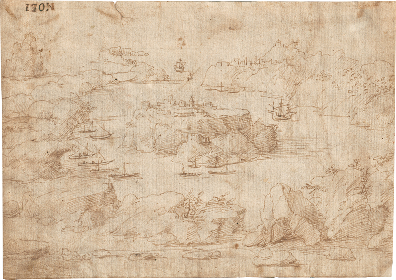 Lot 6500, Auction  127, Cibo, Gherardo, Fantatsische Landschaft mit kleiner Insel in einer Meerenge. 