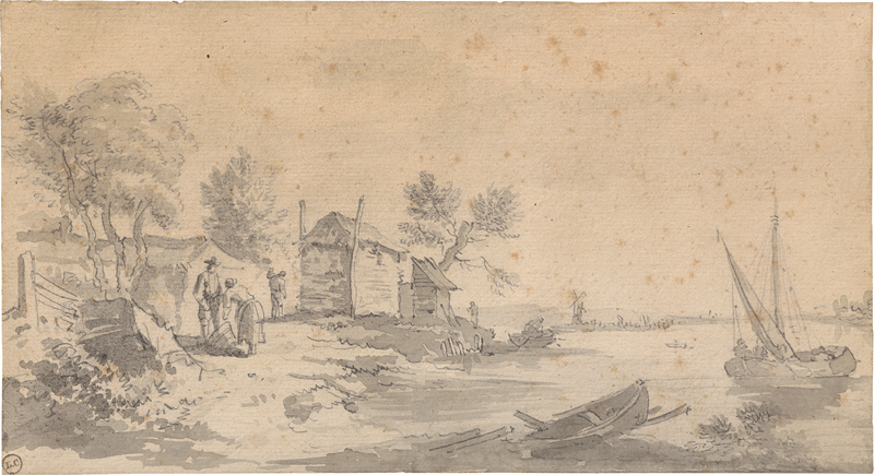 Lot 6535, Auction  127, Goyen, Jan Josefsz. van - Umkreis, Holländische Flusslandschaft mit einem Bauerngehöft und Fischerbooten