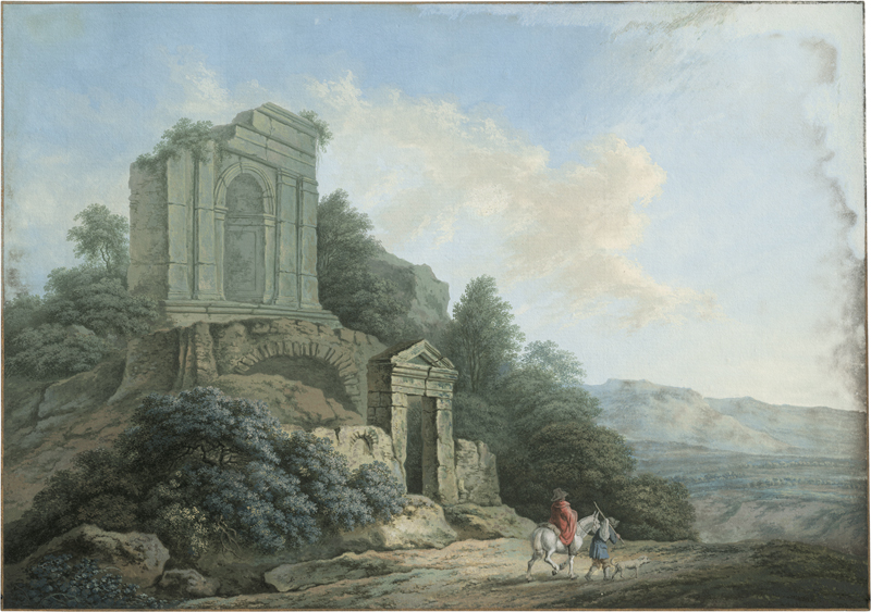 Lot 6570, Auction  127, Deutsch, um 1790. Römische Campagna: Edelmann zu Pferde mit seinem Begleiter vor Ruinen.