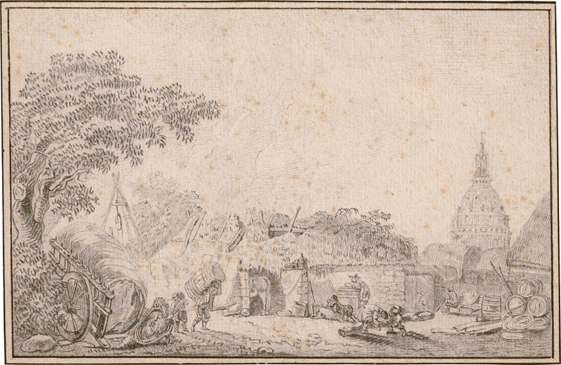 Lot 6575, Auction  127, Französisch, 18, Jh. Blick über ein verfallenes Gehöft auf die Kuppel des Invalidendoms in Paris