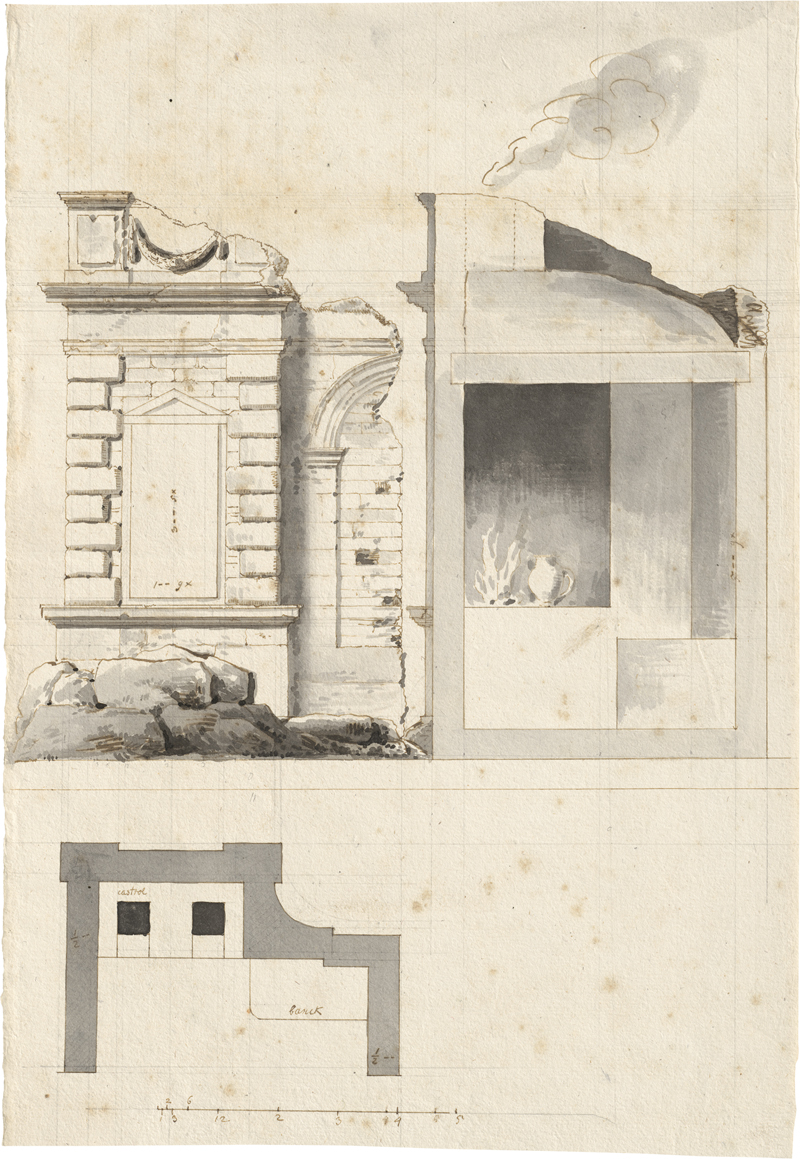 Lot 6608, Auction  127, Deutsch oder Niederländisch, um 1800. Entwürfe zu einem Küchengebäude in Gestalt einer künstlichen Ruine