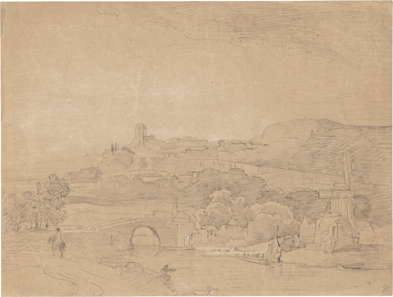 Lot 6663, Auction  127, Schirmer, Johann Wilhelm, Flusslandschaft mit kleiner Burg, im Vordergrund ein Dorf mit Windmühle