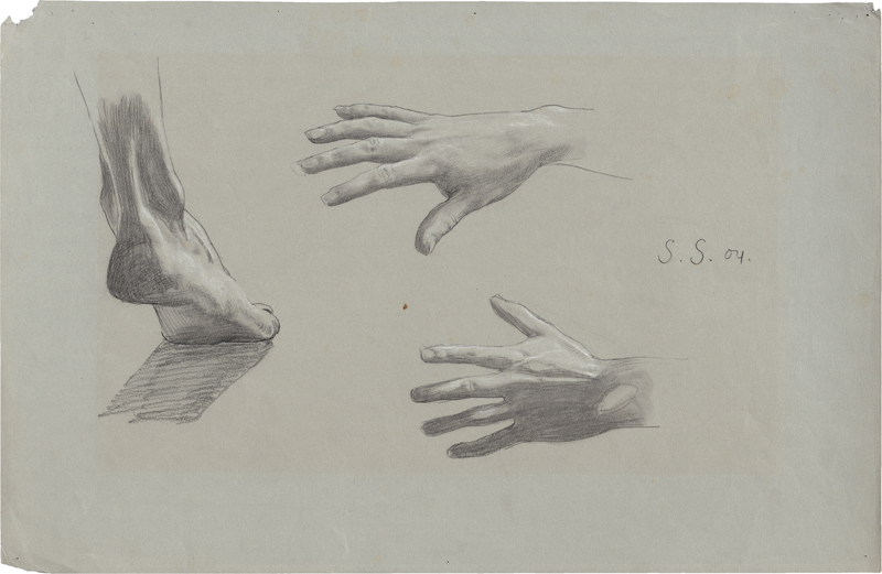 Lot 6708, Auction  127, Schneider, Sascha, Studienblatt mit zwei Händen und einem Fuß in Schrittstellung