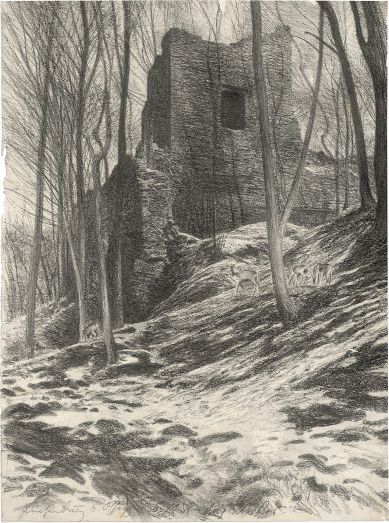 Lot 6746, Auction  127, Müller, Richard, Rotwild vor der Burgruine Rýzmburk bei Osek im tschechischen Erzgebirge
