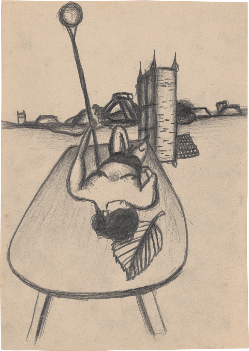 Lot 6942, Auction  127, Rainer, Arnulf, Liegender Halbakt, Tisch, Industrielandschaft (Hommage an Mantegna?)