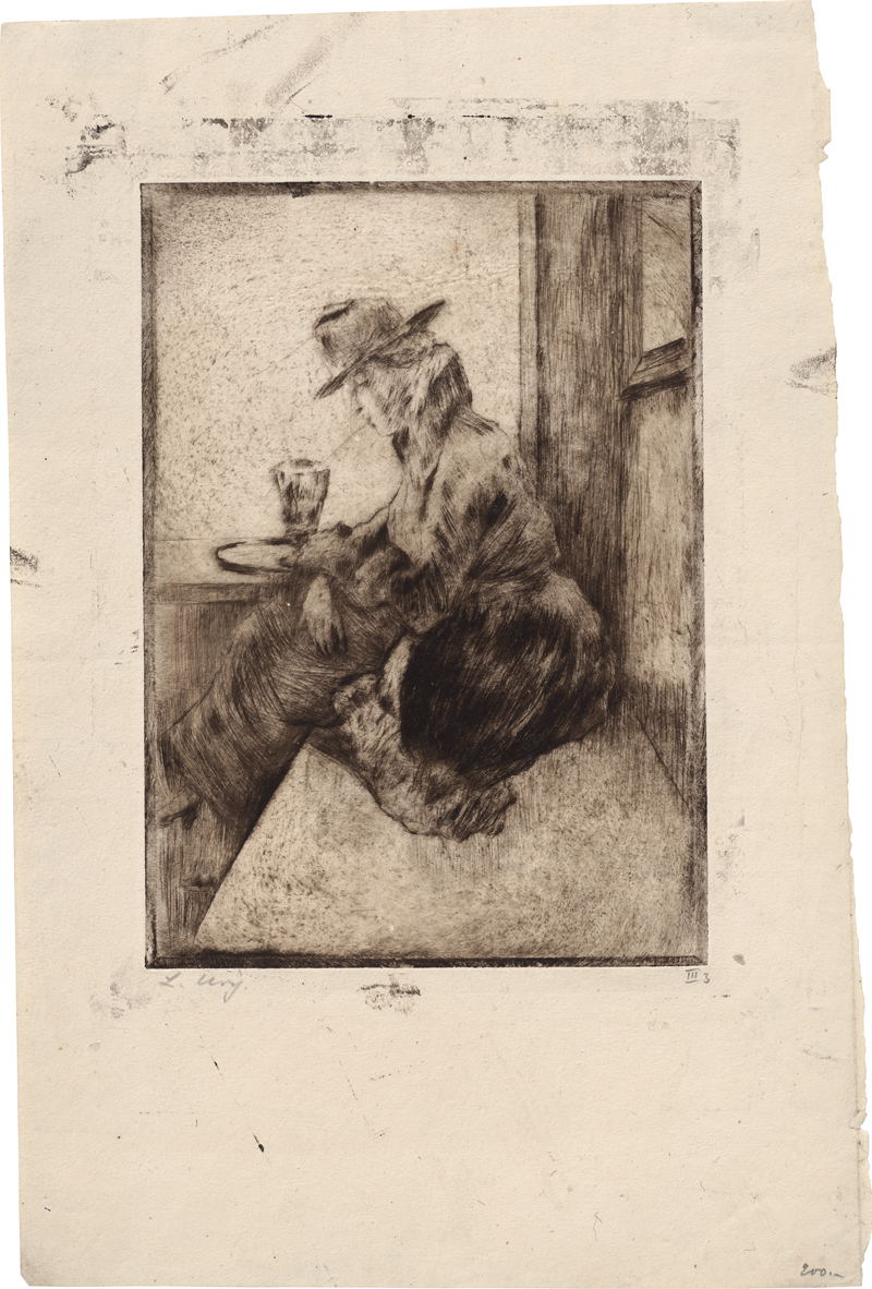 Lot 7014, Auction  127, Ury, Lesser, Dame im Kaffee mit aufgestütztem Arm vor leerem Glas