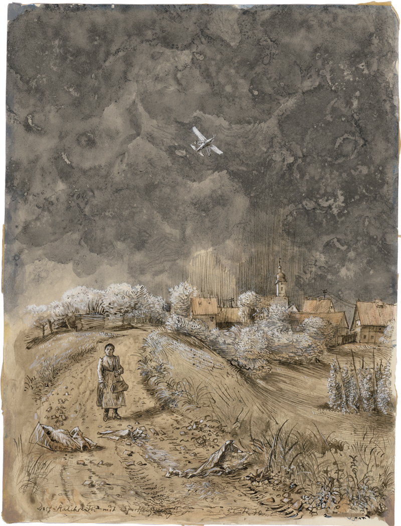 Lot 8176, Auction  127, Bluth, Manfred, Dorf Kalckreuth mit Sportflugzeug