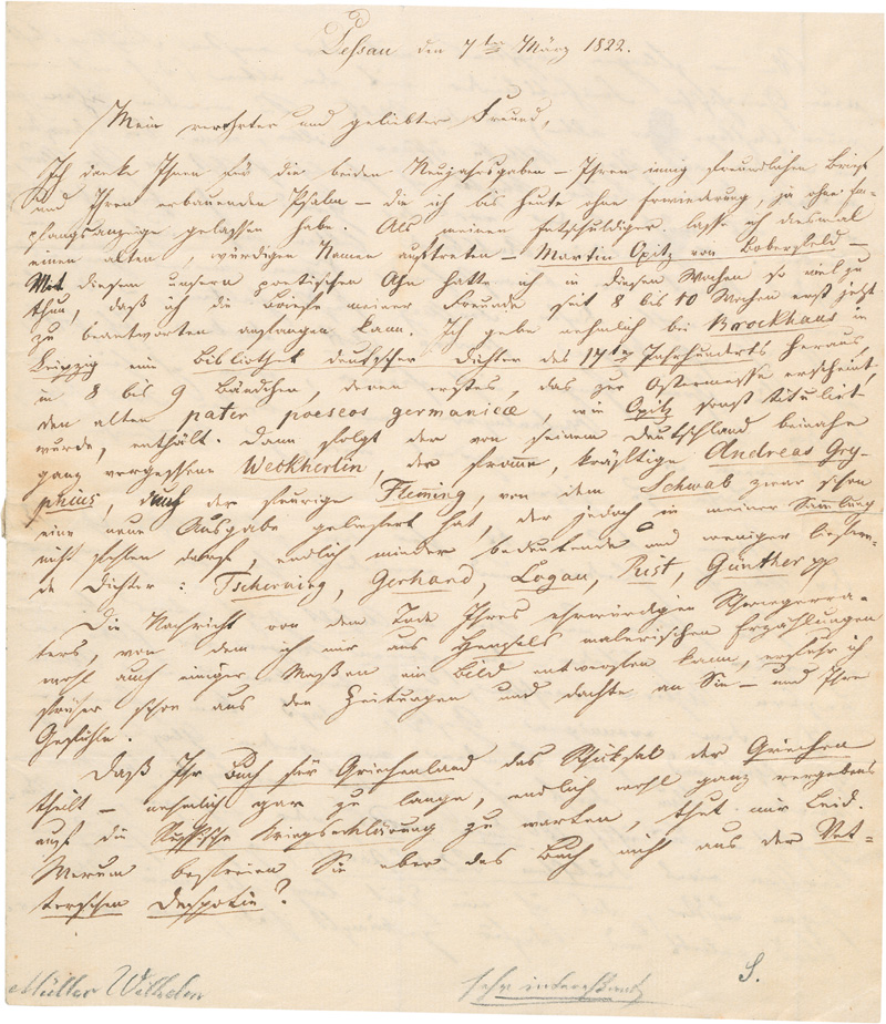 Lot 2389, Auction  128, Müller, Wilhelm, Brief an den Dichter De la Motte-Fouqué. 1822