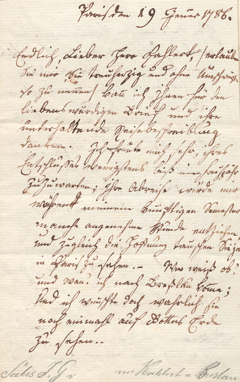 Lot 2406, Auction  128, Salis-Seewis, Johann Gaudenz von, Brief an Johann Gottlieb Kahlert in Breslau. 1786
