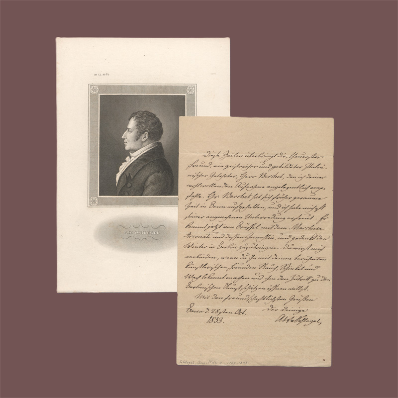 Lot 2413, Auction  128, Schlegel, August Wilhelm von, Brief an den Bildhauer Friedrich Tieck, mit Empfehlung für Giovanni Berchet. 1833