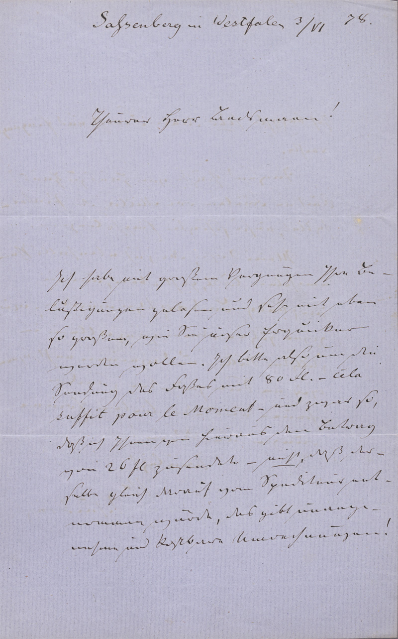 Lot 2424, Auction  128, Schücking, Levin, Brief an Herrn Bachmann. 1878