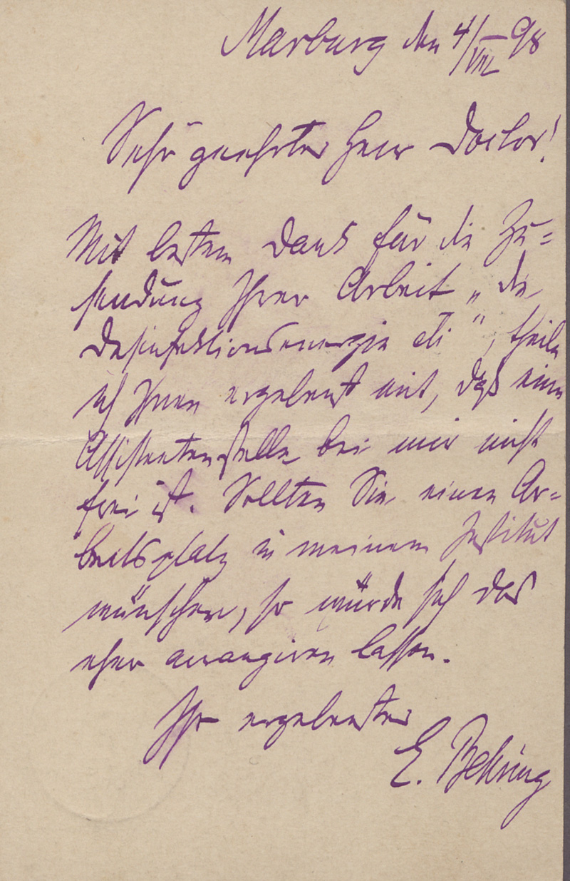 Lot 2438, Auction  128, Behring, Emil von, Postkarte an einen Arzt in Wittenberg. 1898