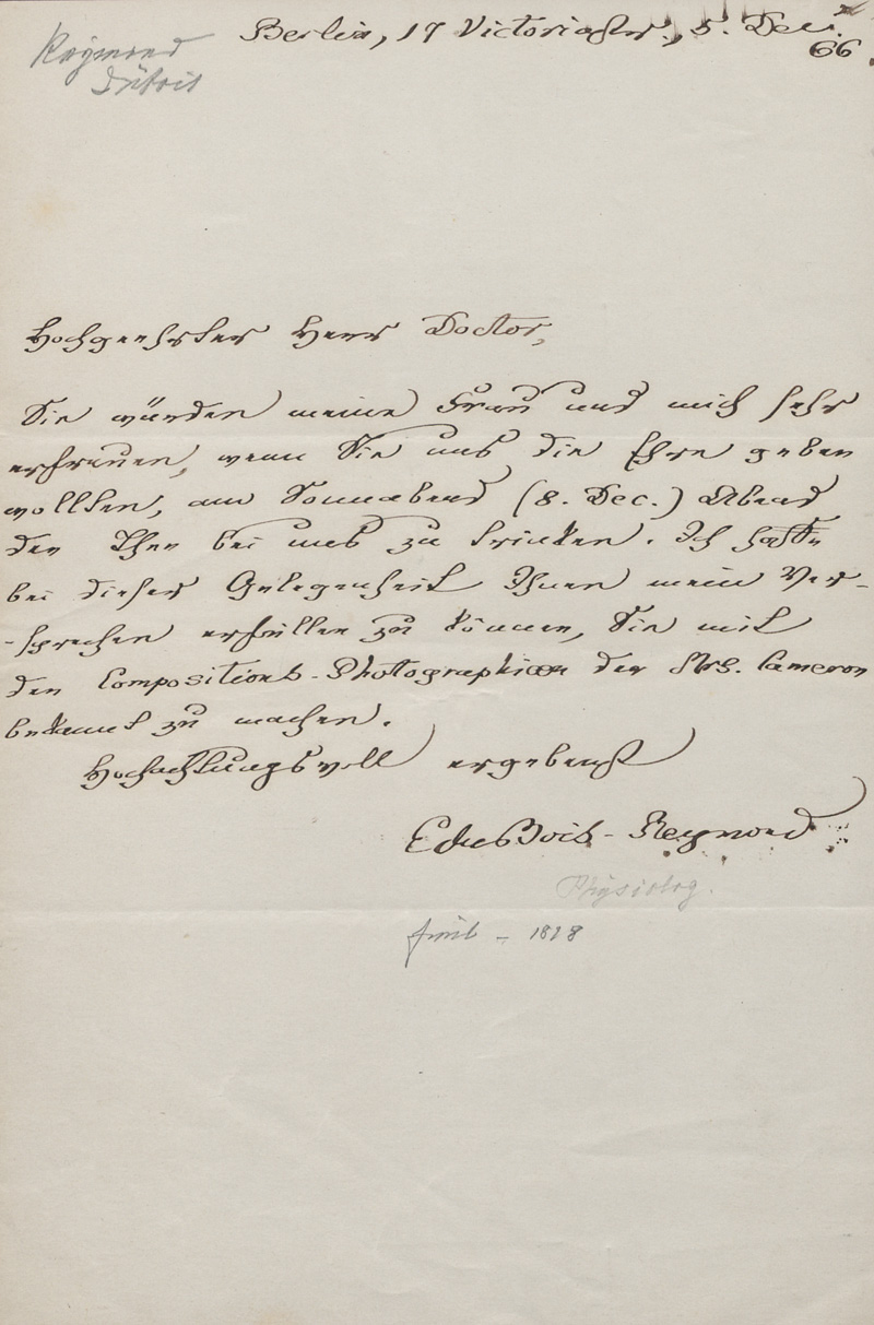 Lot 2445, Auction  128, Du Bois-Reymond, Emil, Brief mit Einladung an einen Kollegen. 1866.