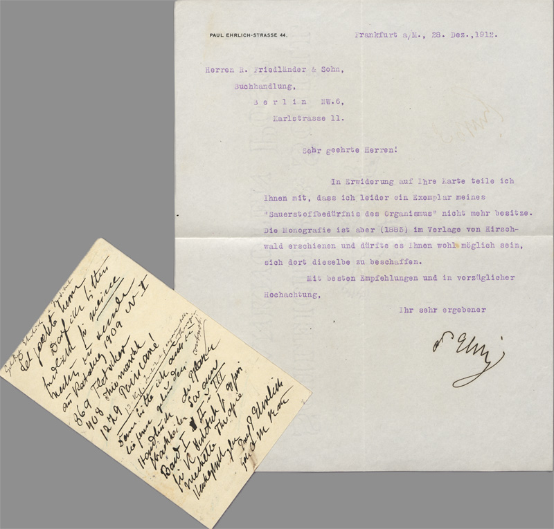 Lot 2447, Auction  128, Ehrlich, Paul, Postkarte und Brief an die Buchhandlung Friedländer & Sohn in Berlin. 1909-1912