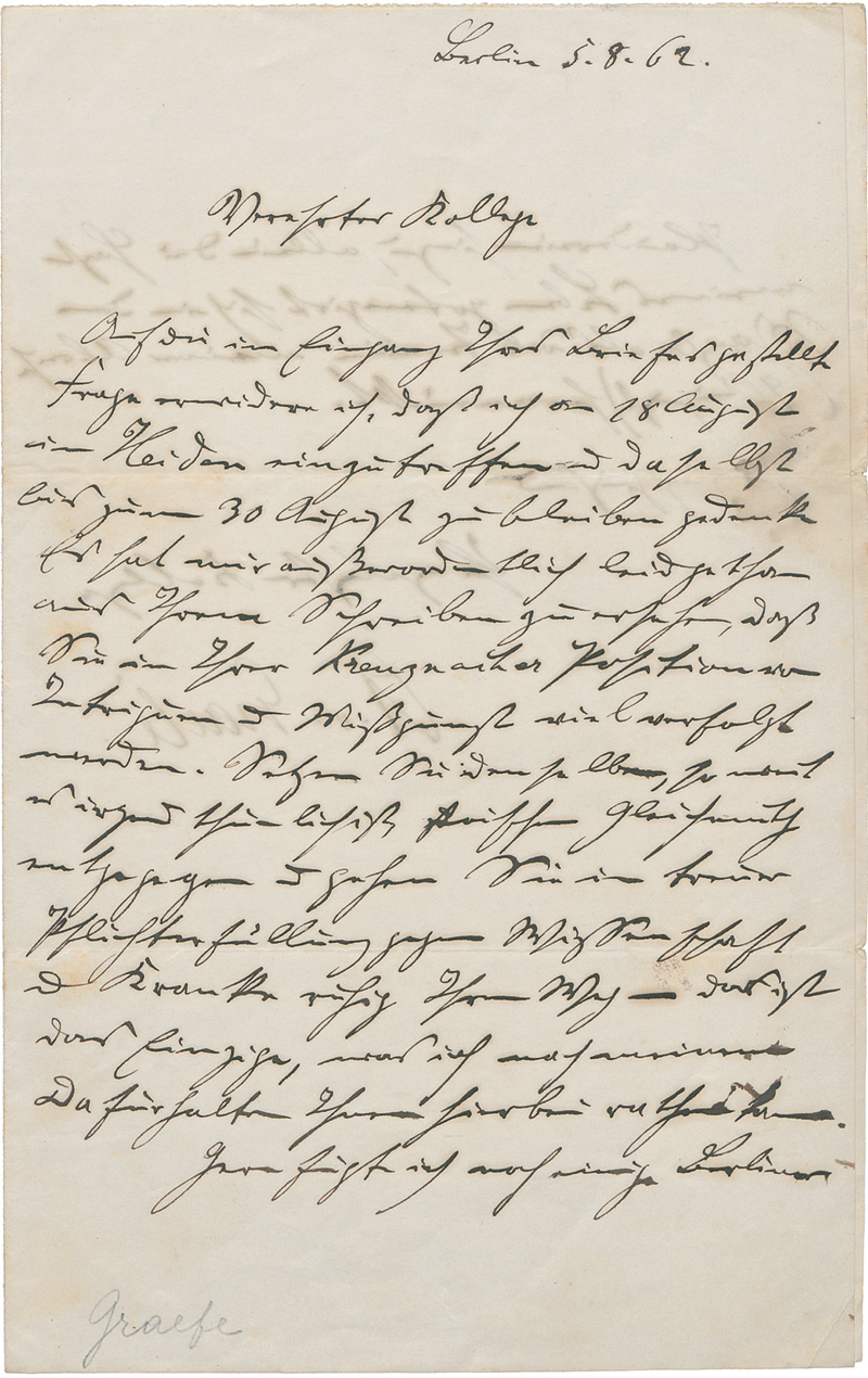 Lot 2449, Auction  128, Graefe, Albrecht von, Brief an einen Kollegen. Mit Beilagen. 1862