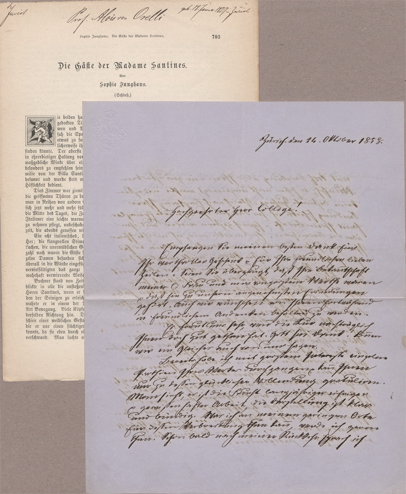 Lot 2459, Auction  128, Orelli, Aloys von, Brief an einen Kollegen. Zürich 1858