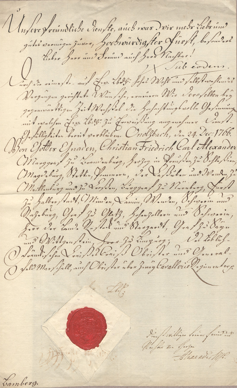 Lot 2460, Auction  128, Alexander Markgaf von Brandenburg-Ansbach-Bayreuth, Brief an den Fürstbischof von Bamberg. 1766