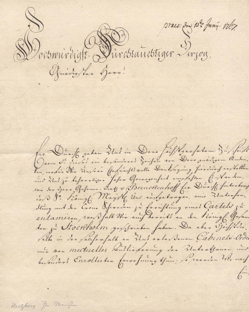 Lot 2472, Auction  128, Finckenstein, Carl Wilhelm Graf Finck von, Brief an den Herzog von Braunschweig-Bevern + Beigabe. 1767