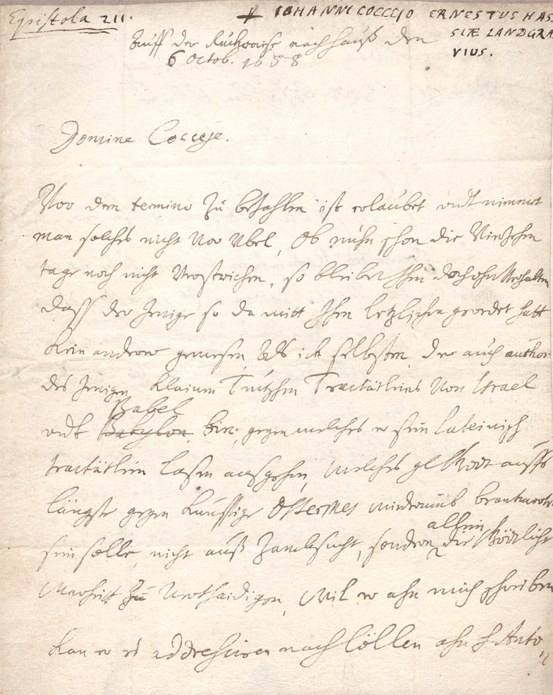 Lot 2474, Auction  128, Ernst Landgraf von Hessen-Rheinfels, Brief an Johann Coccejus in Leiden. 1658