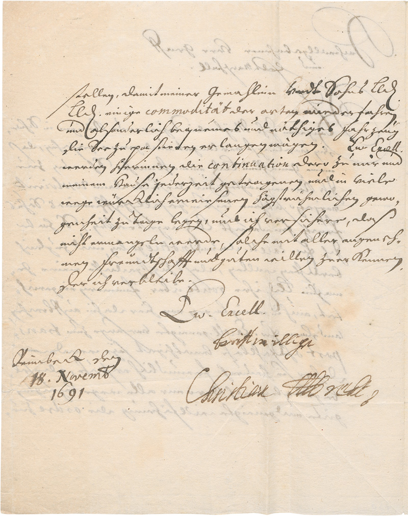 Lot 2475, Auction  128, Christian Albrecht, Herzog von Schleswig-Holstein-Gottorf, Brief an den Grafen Nils von Bielke, Generalgouverneur von Schwedisch-Pommern. 1691 