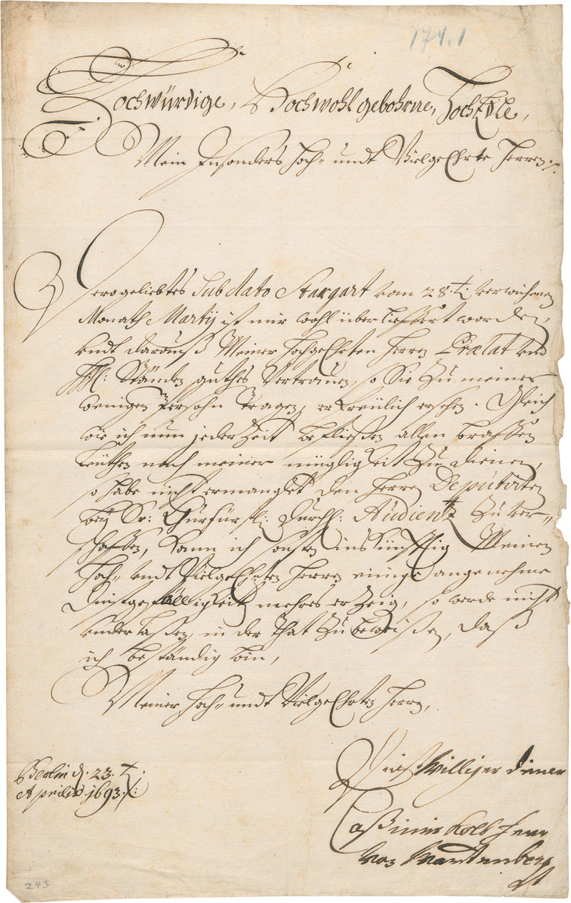 Lot 2476, Auction  128, Kolb von Wartenberg, Johann Casimir, 2 Briefe. 1693 und 1698
